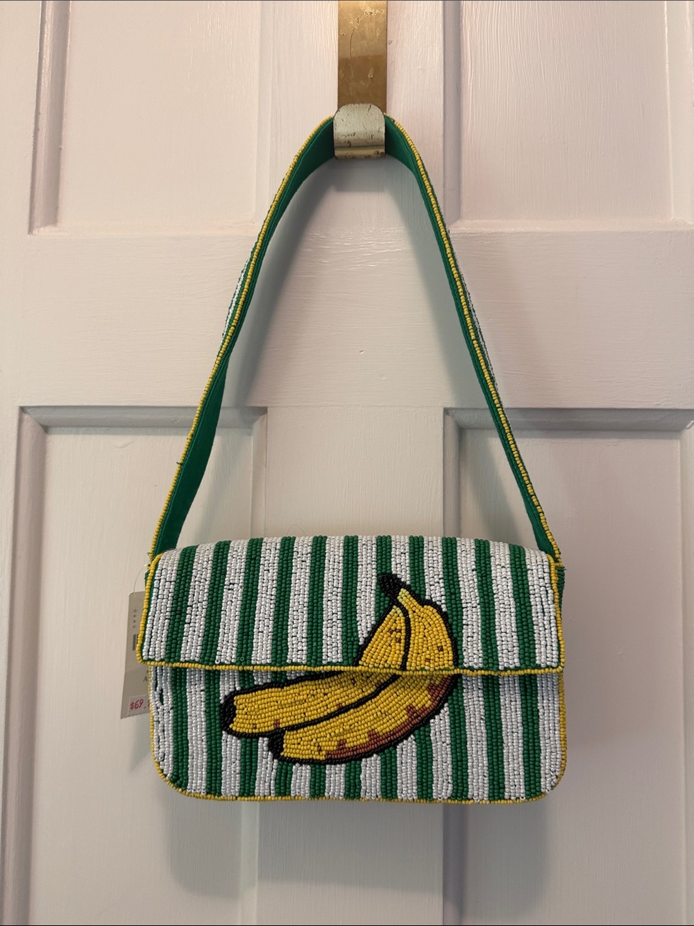 NWT Anthropologie Green & Yellow Beaded Banana Shoulder Bag